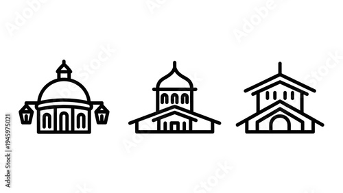 Set of three outline icons representing classical buildings with domes and columns on a white background with building facade