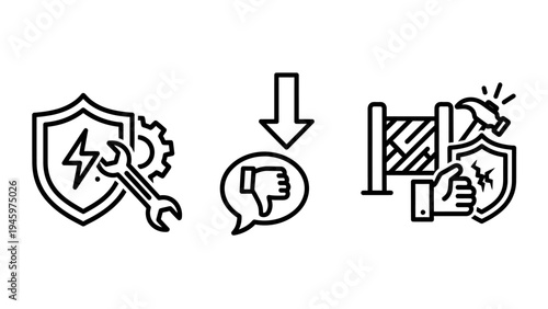 Security and risk icons: protection, negative feedback, and damage assessment, thumbs down
