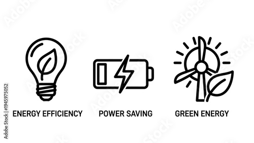 Icons for sustainable energy: lightbulb with leaf, battery with lightning, and wind turbine, white background, power plant, eco friendly