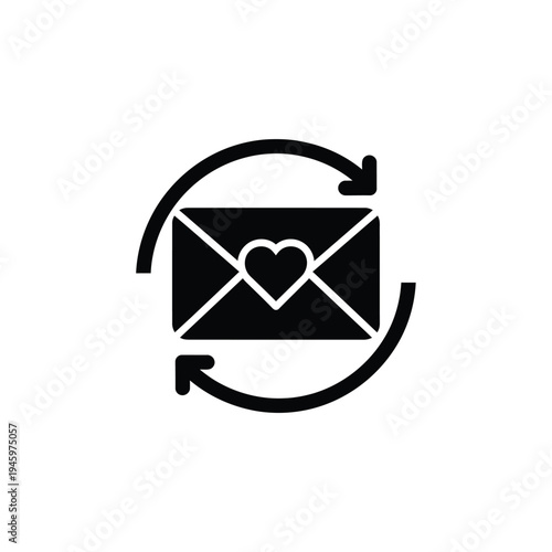 Black and white envelope with heart symbol and circular arrows