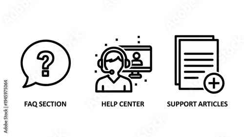 Icons for customer support: question mark speech bubble, headset operator, and document with plus sign, faq section, knowledge base, white background