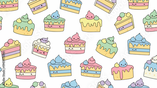 Colorful cartoon-style illustration of assorted cake slices and desserts on a white background with a playful and sweet theme.