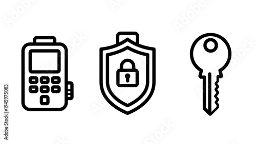 Outline icons for security: a keypad, a shield with a padlock, and a key, representing digital and physical security concepts