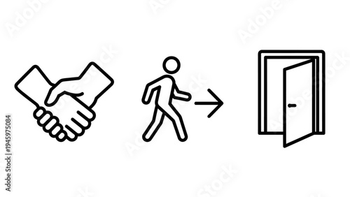 Icons illustrating business: a handshake, a person walking towards an open door, and an open doorway in outline style