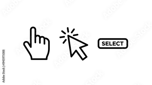 Outline icons for online interaction: a pointing finger, a cursor clicking a button, and a 'select' button on a white background