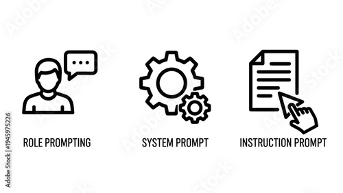 Prompting icons: person talking, gears, and document with finger for AI or chatbot interaction