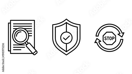 Security and compliance icons: document analysis, shield with checkmark, and stop sign refresh