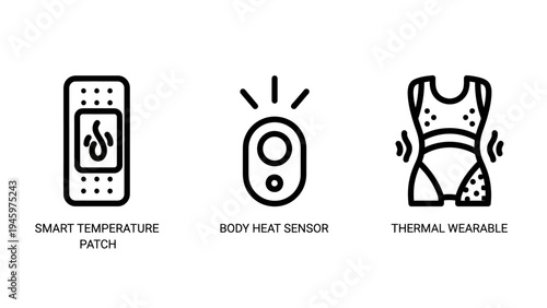 Smart temperature patch, body heat sensor, and thermal wearable icons representing health and technology