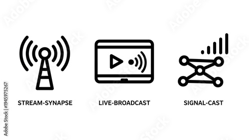 Icons for stream synapse, live broadcast, and signal cast representing connectivity and broadcasting