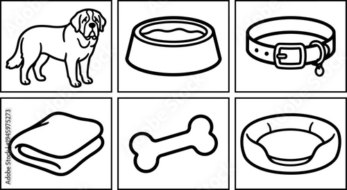 Black and white simple line art vector set of dog with collar bone food bowl blanket and pet bed icons