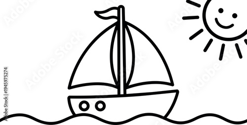 Simple black and white line art of sailboat floating on waves under smiling sun with flag on mast and minimal clean style