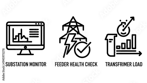 Icons for substation monitor, feeder health check, and transformer load representing electricity management