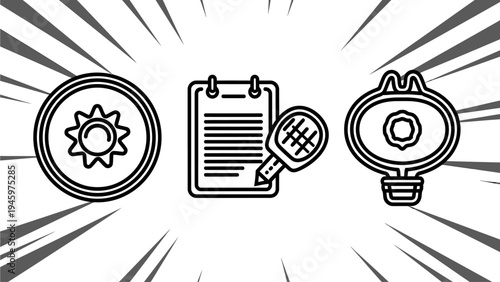 Icons of a gear, clipboard with tennis racket, and a light bulb representing settings, planning, and ideas