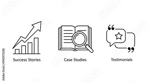 Success story, case study, and testimonial icons representing business achievement and feedback