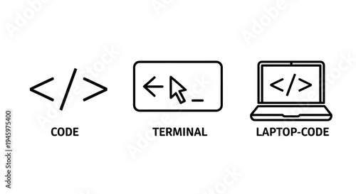 Coding and programming icons: abstract code symbols, terminal window, and laptop with code