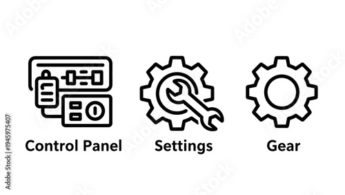 Control panel, settings, and gear icons for configuration, options, and mechanics in technology and industry