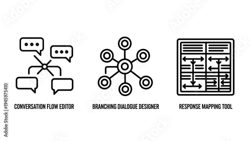 Conversation flow editor, branching dialogue designer, and response mapping tool icons for communication and AI