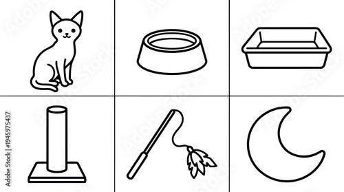 Simple black line art cat and accessories including bowl and litter box minimal vector icons set