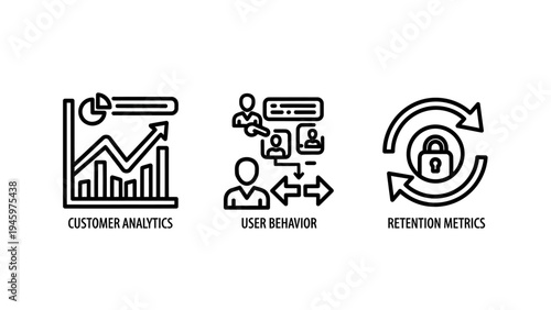 Customer analytics, user behavior, and retention metrics icons for business intelligence and marketing