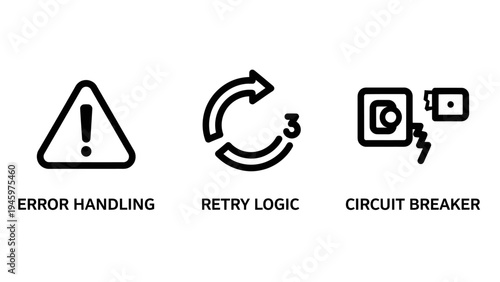 Icons for error handling, retry logic, and circuit breaker, system failure and technical support concept, computer science