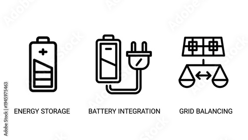 Icons showing energy storage, battery integration, and grid balancing, renewable energy and power concept, alternative energy