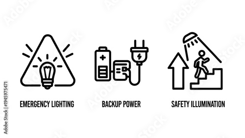 Icons for emergency lighting, backup power, and safety illumination, power outage and security concept