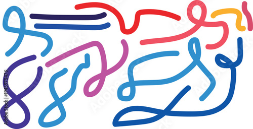 Colorful swirling lines art piece with various shapes and hues