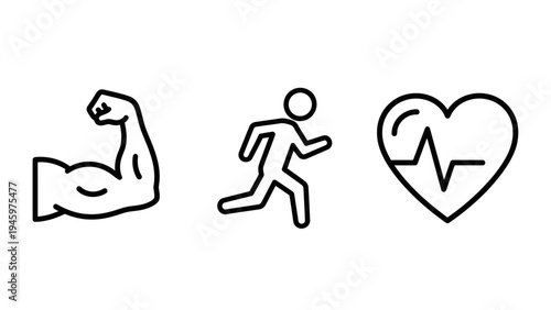 Icons representing strong muscles, running person, and heartbeat line on a heart, fitness and health concept, health care