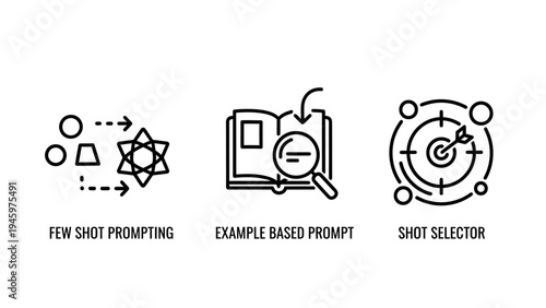 Icons for few shot prompting, example based prompt, and shot selector, artificial intelligence and machine learning concept