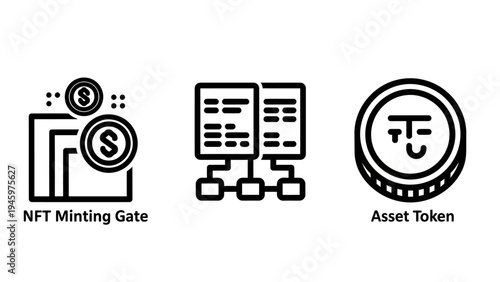 Nft minting gate, asset token, and blockchain network icons set