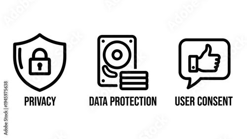 Privacy shield, data protection hard drive, and user consent thumbs up icons, thumbs up
