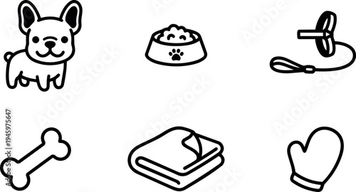 Minimalist black and white vector icons of playful dog bone leash food bowl blanket and glove set