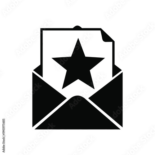 Black envelope with an open flap and a white paper with a black star