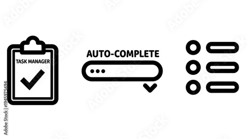 Task manager auto-complete menu list icons for productivity and digital interface design