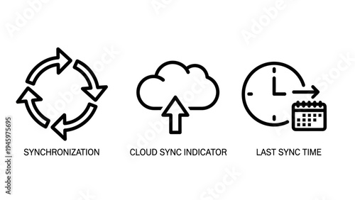 Data synchronization icons: cloud sync, circular arrows, and last sync time for digital data management