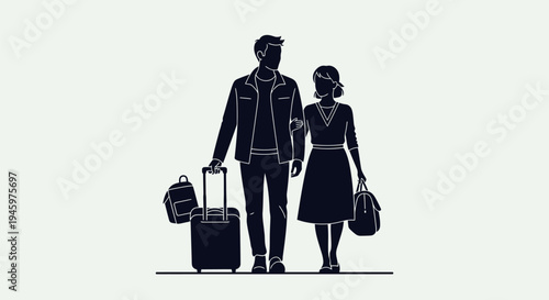 Couple walking with travel luggage together.