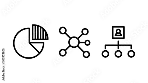 Business data visualization icons: pie chart, network diagram, and organizational structure for analytics and reporting