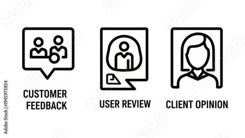 Customer feedback icons: speech bubble with people for interaction, user review profile, and client opinion portrait, social media, flat design, user interface