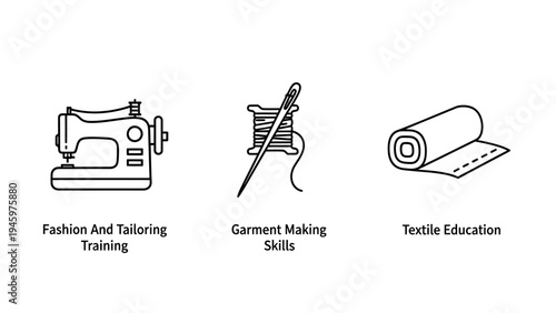 Tailoring and textile icons: sewing machine, spool of thread with needle, and roll of fabric, representing fashion and garment making, flat design