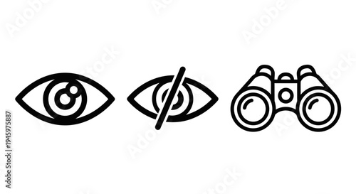 Vision and observation icons: eye, crossed-out eye for hidden, and binoculars for viewing, representing sight and exploration, flat design