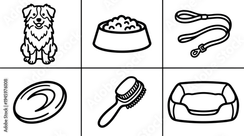 Black and white line art dog sitting with food bowl leash frisbee brush and pet bed icons vector illustrations set