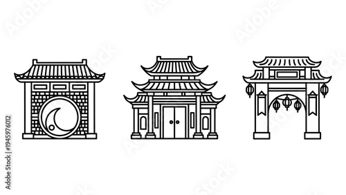 Traditional asian temples, pagodas, and gate buildings black outline icons set vector illustration