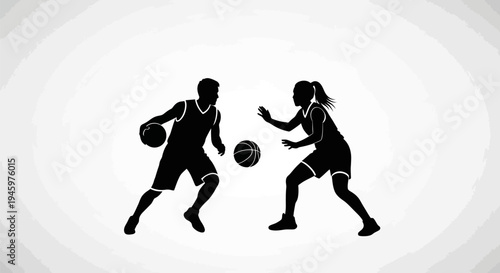 Two female basketball players competing.