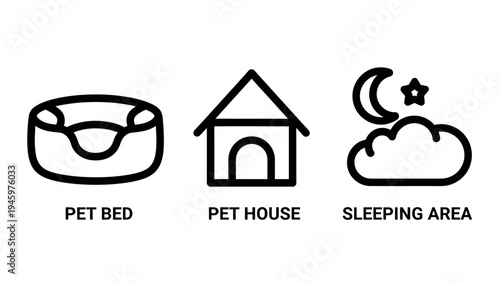 Comfortable pet bed, house, and sleeping area vector outline icons set for animal care
