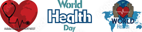 World Health Day icon set collection featuring heart, stethoscope, global health care symbols and medical awareness concepts.