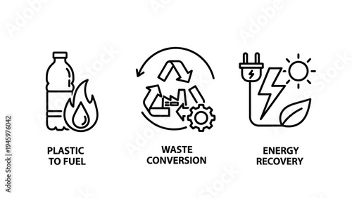 Sustainable waste management and energy recovery icons: plastic to fuel conversion and recycling solutions for a greener future