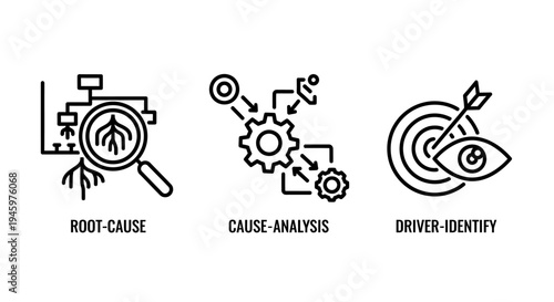 Business problem solving icons: root cause analysis, causal investigation, and key driver identification