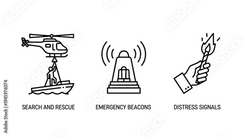 Emergency services and safety icons: search and rescue operations, beacons, and distress signals