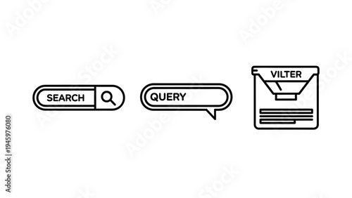 Digital search, data query, and filter functionality icons for user interface and web design