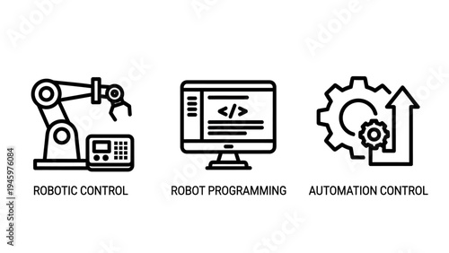Robotics and industrial automation icons: robotic arm control, programming, and system automation management